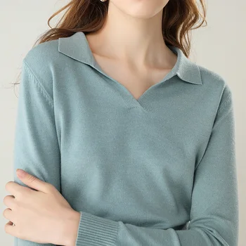 Rudenį, žiemą polo apykakle vientisos spalvos megztinius marškinius moterų ilgomis rankovėmis megztinis atvartas dugno megztinis atsitiktinis viršų
