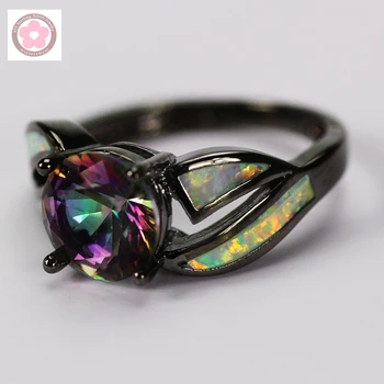 JZ0150 2016 Karšto Pardavimo 10Kt Juodojo Aukso Užpildytas AAA Rainbow Crystal & Fire Opal Žiedai bižuterijos Moterų Kokteilis Žiedas