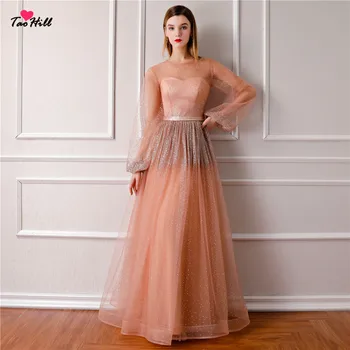 TaoHill Moterų Suknelė Vestuves-line O-kaklo Blizgios Medžiagos, Rožinės spalvos vakarinę Suknelę ilgomis Rankovėmis