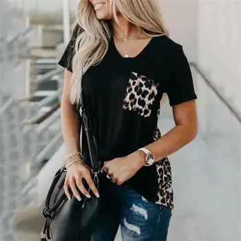 O-kaklo T-shirt Moterims, Trumpas Sleee Viršūnes Tee 2020 Metų Vasaros Leopard Kišenėje Marškinėliai Moterims Atsitiktinis Streetwear Moterų Summer Tee