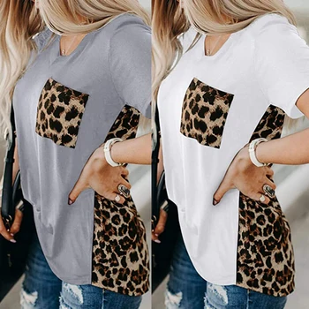O-kaklo T-shirt Moterims, Trumpas Sleee Viršūnes Tee 2020 Metų Vasaros Leopard Kišenėje Marškinėliai Moterims Atsitiktinis Streetwear Moterų Summer Tee