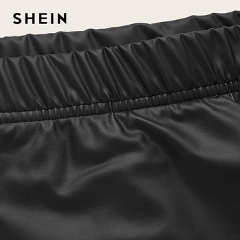 SHEIN Plus Size Black Ruched PU Odos Bodycon Sijonai Moterų Pavasario Kietų Biuro Ponios Elegantiškas Liesas Trumpas Sijonas