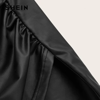 SHEIN Plus Size Black Ruched PU Odos Bodycon Sijonai Moterų Pavasario Kietų Biuro Ponios Elegantiškas Liesas Trumpas Sijonas