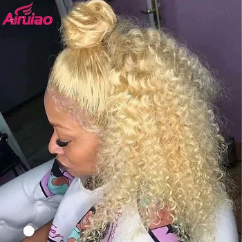 Afro Keistą Garbanotas 613 Blond Nėrinių Priekinės Perukas Žmogaus Plaukų Spalvos Giliai Dalis Brazilijos HD Visiškai Skaidri Nėriniai Preplucked Babyhair