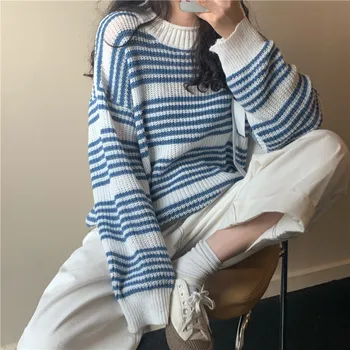 2020 Korėjos Derliaus Moterų Apvalios Kaklo Megztinis Dryžuotas Megztinis Rudenį, Žiemą Prarasti Harajuku Moterų Megztiniai (Džemperiai Streetwear Viršų
