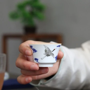 PRIJUOSTĖLĖ Mėlynos Ir Baltos spalvos Porceliano patys puodeliai Raižyti Krano Keramikos Arbatos Puodeliai Kinijos Kung Fu Arbatos Paslaugų Rankų Drinkware