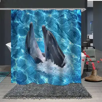 Delfinų 3D Ranka-dažytos trimatis Poliesteris atsparus Vandeniui Sustorėjimas Dušo Užuolaidos Home Hotel Vonios kambarys Dekoro Su Kabliukais