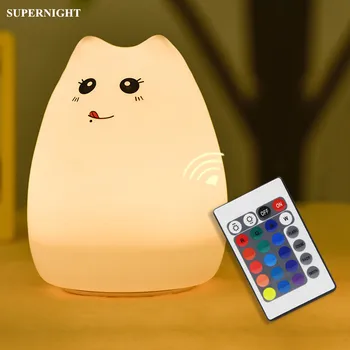 Katė Naktį LED Šviesos Palieskite Jutiklį Nuotolinio Valdymo Spalvinga USB Įkrovimo Silikono Miegamojo, Naktiniai staleliai, Lempa Vaikams, Vaikams Baby