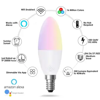 E14/E26/E27/B22 Smart Wifi LED Lemputė 6W RGB šviesos srautą galima reguliuoti Šviesos Lemputės Darbo Su Alexa 