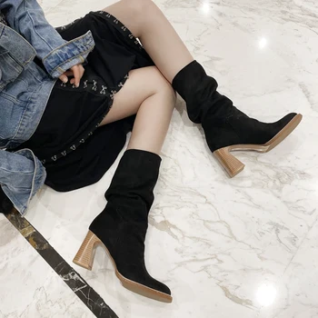 MORAZORA 2020 Didelis dydis 34-40 naujas mados aikštė kojų aukštakulnius moterys batai vientisa spalva žiemos vidurio blauzdos batai moters, juoda