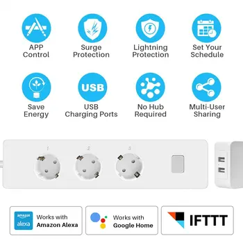 Wifi Smart Power Strip 3 ES Rozetės Lizdo Kištuko 2 USB Port Laikmatis PROGRAMĖLĖ Balsas Kontrolė Suderinama Su Alexa 