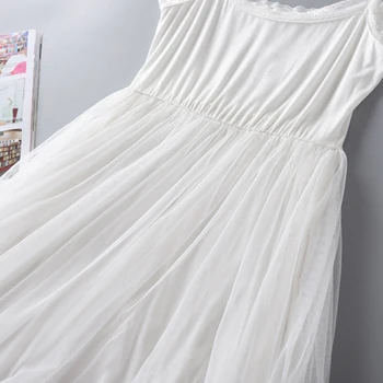 Pavasario Vasaros Moterų Nėriniai Berankovis Suknelė Saldus Spageti Dirželis Modalinis Suknelė Padaryti Mygtuką Aukšto Juosmens Baltos Suknelės J013