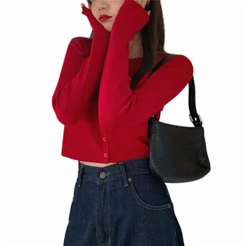 2020 m. Moteris Seksuali Viršūnes Karšto Mados vientisos spalvos Mygtukai Uo Slim Fit Atsitiktinis Marškinėliai ilgomis rankovėmis Megztinis Apkarpyti viršūnes Streetwear Moteris