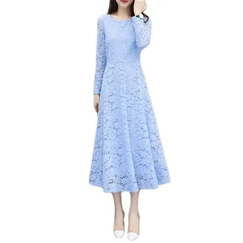 Nėrinių suknelė moterims, mėlyna ilgomis rankovėmis 2020 m. rudenį naujų korėjos temperamentas slim juoda balta plius dydis šalis maxi suknelė feminina JD806