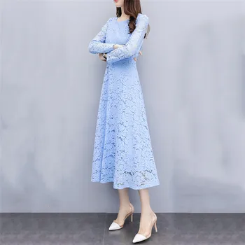 Nėrinių suknelė moterims, mėlyna ilgomis rankovėmis 2020 m. rudenį naujų korėjos temperamentas slim juoda balta plius dydis šalis maxi suknelė feminina JD806