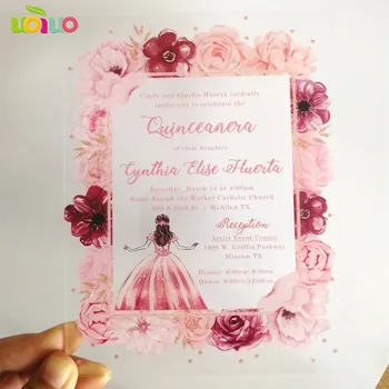 Akrilo kortelę su spalvinga spausdinti gėlių Quinceanera pakvietimo, akrilo print custom formuluotes gimtadienio pakvietimo