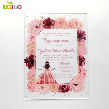 Akrilo kortelę su spalvinga spausdinti gėlių Quinceanera pakvietimo, akrilo print custom formuluotes gimtadienio pakvietimo