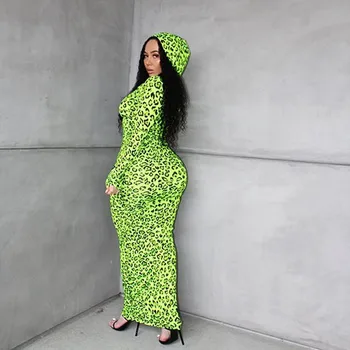 Rudenį 2020 naujas mados leopardas spausdinti slim seksuali suknelė ilgomis rankovėmis su gobtuvu moterų top ilgas sijonas