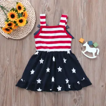 Liepos 4-osios Bamblys Baby Girl Dress Amerikos Vėliavos Žvaigždžių Dryžuotas Vasaros Sundress Amerikos Vėliavos Žvaigždžių Dryžuotas Sūpynės Sundress