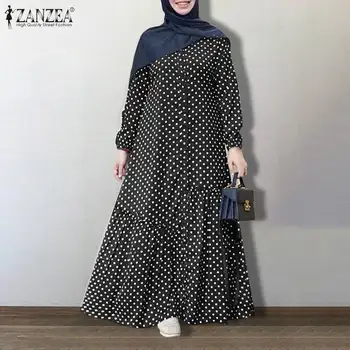 Kaftan Išspausdintas Musulmonų Maxi Suknelė Moterų Rudenį Sundress ZANZEA 2021 Priežastinis Sluoksniuotos Rankovėmis Vestidos Moterų Polka Dot Mygtuką Skraiste