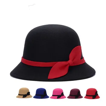 2019 naujas 7 spalvų moterys skrybėlę bowknot Fedoras bžūp Baseine dome vilnoniai audiniai skrybėlę moterų medžiaga Baseino bžūp nemokamas pristatymas