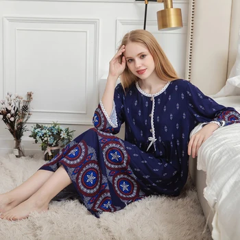 2020 Naujas Moterų Medvilnės Ilgai Sleepwear Prarasti tinka Princesė Gėlių Spausdinti Nightdress Plius Dydžio Namų Suknelė Miegui M iki XXL