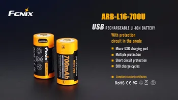 2 vnt Fenix ARB-L16-700U USB Įkrovimo 700mAh Li-ion 16340 RCR123A Baterija