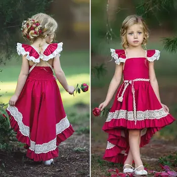 Saldus Princesė Baby Kid Mergaitės Vasaros Nėrinių Rankovės Aikštėje Apykaklės Nereguliarus Suknelė Šalis Vestuvių Inscenizacija Raudona Princesė Suknelės