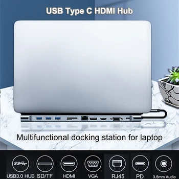 C tipo prie USB HUB 11 1 USB 3.0 HDMI, VGA, RJ45, USB-C Doko Adapteris Parama 