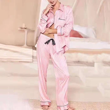 Šilko Pižama Moterų Dryžuotas Ilgomis Rankovėmis Sleepwear Rinkinys Satin Loungewear Du Piees Vasaros Naktį Tiktų Namų Drabužiai