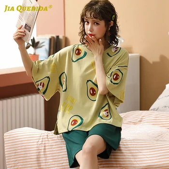 Naujas Įgulos Kaklo Pijamas Moterų Homesuit Homeclothes Mados Stilius Trumpas Rankovės Trumpos Kelnės Žalios Kelnės Sleepwear Avokado Spausdinti