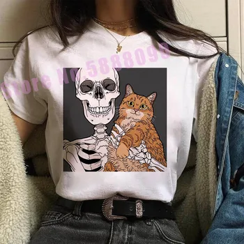 Mados Helovinas siaubo Kaukolė Cute Cat graphic marškinėliai moterims Harajuku funny cat draugai kavos Tees Atsitiktinis Streetwear LadyTops