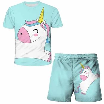 4-14 Metų vaikai vienaragis animacinių filmų rinkiniai Boy girl anime juokingi marškinėliai vasaros viršūnes šortai + marškinėliai vaikų laisvalaikio drabužius poliesteris