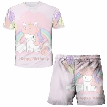 4-14 Metų vaikai vienaragis animacinių filmų rinkiniai Boy girl anime juokingi marškinėliai vasaros viršūnes šortai + marškinėliai vaikų laisvalaikio drabužius poliesteris