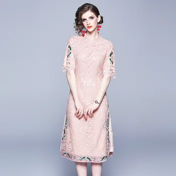 2019 m. vasarą naujų stovėti apykaklės, siuvinėjimo plonas nėrinių suknelė