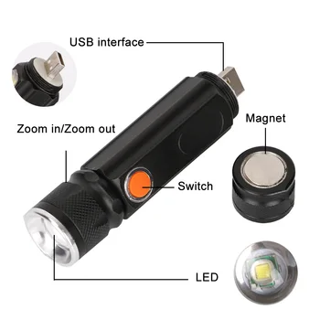 4 Režimai Taktinis Flash Šviesos Fakelas, Mini USB Įkrovimo COB LED Zoom Žibintuvėlis Lanterna Magnetas Darbą Šviesos Lempos Built-in 18650