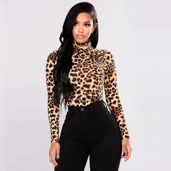 Rudenį ir žiemą naujas pusiau aukštos apykaklės, žemiausią marškinėliai ilgomis rankovėmis atsitiktinis moterų striukė spausdinti leopardas spausdinti moteriški marškinėliai