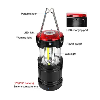2 in 1 COB+Raudonas LED Palapinė Lempa, Lauko Kempingas Šviesos USB Įkrovimo 18650 Akumuliatorius, Nešiojamų Žibintų Darbo lauko Apšvietimas