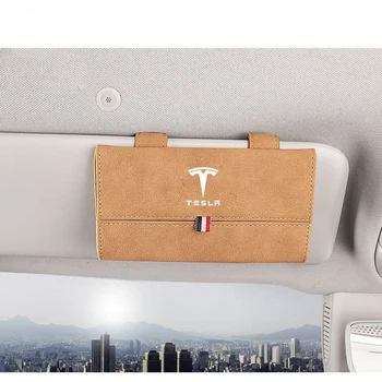 Automobilių Skydelis nuo Saulės akiniai atveju Turėtojas Įrašą Daugiafunkcį Odos Organizatorius langelį Tesla Model 3 S X Y Logotipą, Automobilių Optikos reikmenys