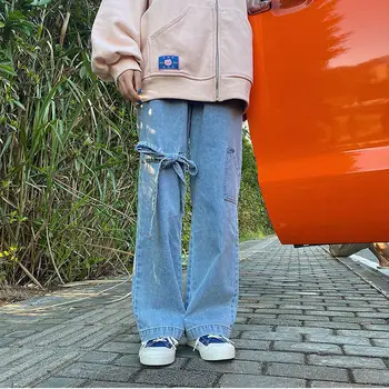 Lankas dirželis džinsai moterų plataus kojų kelnės rudenį Japonijos minkštas mergina prarasti laukinių atsitiktinis tiesios kelnės studentams