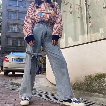 Lankas dirželis džinsai moterų plataus kojų kelnės rudenį Japonijos minkštas mergina prarasti laukinių atsitiktinis tiesios kelnės studentams