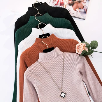 2019 pagrindinių Golfo kietas, rudens ir žiemos Megztinis Megztinis Plonas Moterų, Moterų Megzti megztinis ilgomis rankovėmis slim badycon megztinis