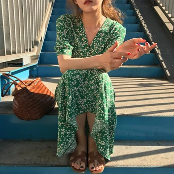 Vasarą Moterys Bohemijos Gėlių Suknelė V Kaklo Spausdinti Šifono Suknelės Beach trumpomis Rankovėmis, Atsitiktinis Midi suknelė
