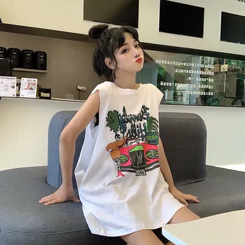 Vasaros berankovė liemenė marškinėliai moterų išorinis dėvėti sporto Harajuku stiliaus ilgai laisvi korėjos stiliaus pavasario ir vasaros mergaitė