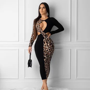 2019 M. Rudenį, Žiemą Ilgomis Rankovėmis, Leopardas Spausdinimui Kratinys Seksualus Bodycon Suknelė Moterims Kalėdų Vakarėlį Streetwear Komplektai
