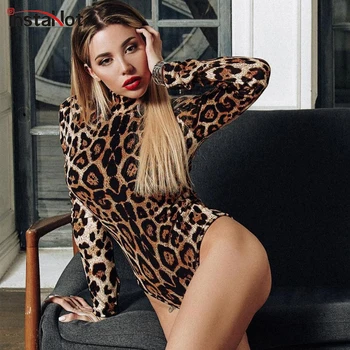 InstaHot Leopardas Spausdinti Bodysuit Ponios Sexy Natūralaus Kaklo, Ilgomis Rankovėmis Slim Moterų 2020 M. Mados Atsitiktinis Elegantiškas Pavasario Viršuje Gyvūnų Spausdinti
