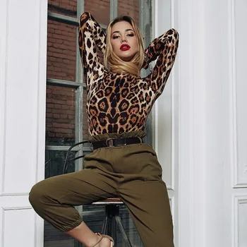 InstaHot Leopardas Spausdinti Bodysuit Ponios Sexy Natūralaus Kaklo, Ilgomis Rankovėmis Slim Moterų 2020 M. Mados Atsitiktinis Elegantiškas Pavasario Viršuje Gyvūnų Spausdinti