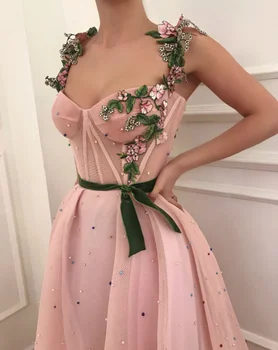 Chalatas de soiree Longue 2021 arabų Rožinės spalvos vakarinę Suknelę Ilgai Oficialų Prom Dresses Dirželiai 3D Gėlių Aplikacijos Pearl Seksualus Šalis Suknelė