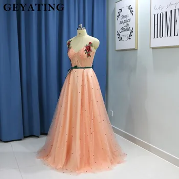 Chalatas de soiree Longue 2021 arabų Rožinės spalvos vakarinę Suknelę Ilgai Oficialų Prom Dresses Dirželiai 3D Gėlių Aplikacijos Pearl Seksualus Šalis Suknelė