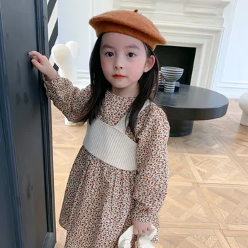 Rudenį Naują Atvykimo korėjos stiliaus drabužių rinkiniai gėlės modelis princesė suknelė su megztus liemenė mielas sweet baby mergaitės